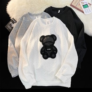 华夫格卫衣男高街cec潮牌潮流宽松休闲卡通小熊情侣长袖 体恤上衣