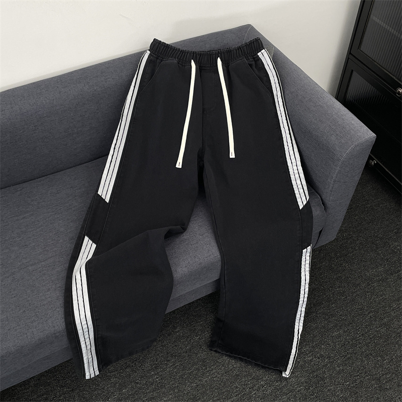 水洗织带拼接三条杠弯刀牛仔裤男生宽松直筒抽绳阔腿青少年休闲裤