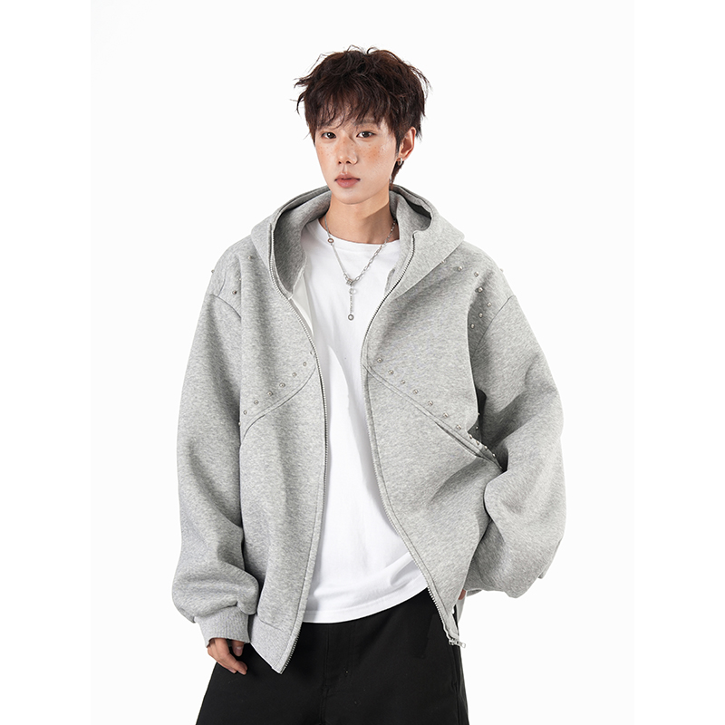设计感铆钉拼接加绒高领连帽卫衣男女冬季小众情侣款开衫加厚外套