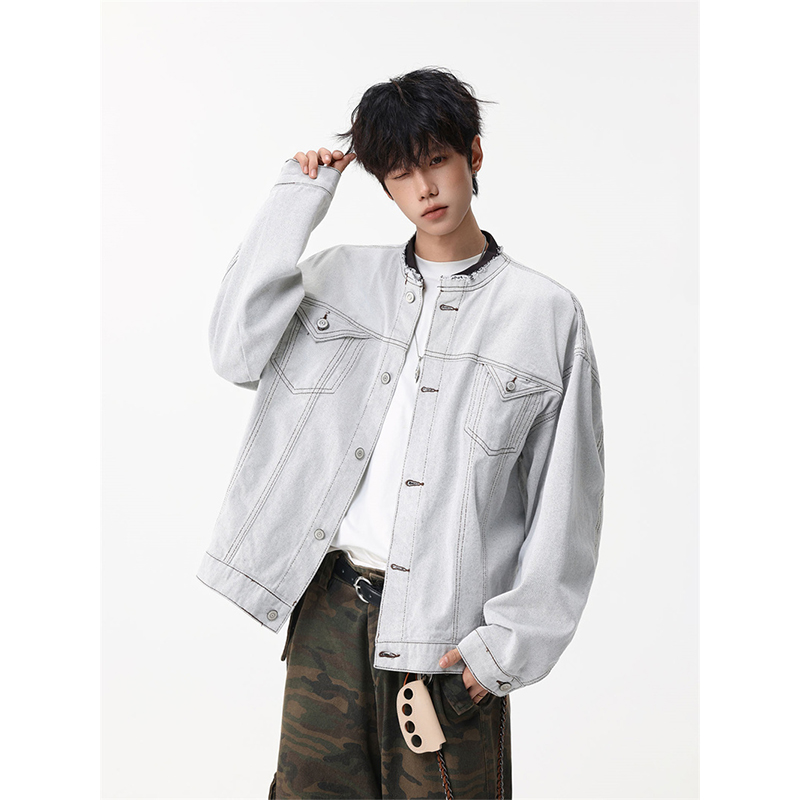 美式高街潮牌水洗做旧短款牛仔夹克男秋季痞帅宽松休闲棒球领外套