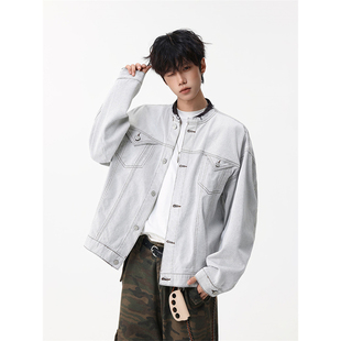 痞帅宽松休闲棒球领外套 牛仔夹克男秋季 美式 高街潮牌水洗做旧短款