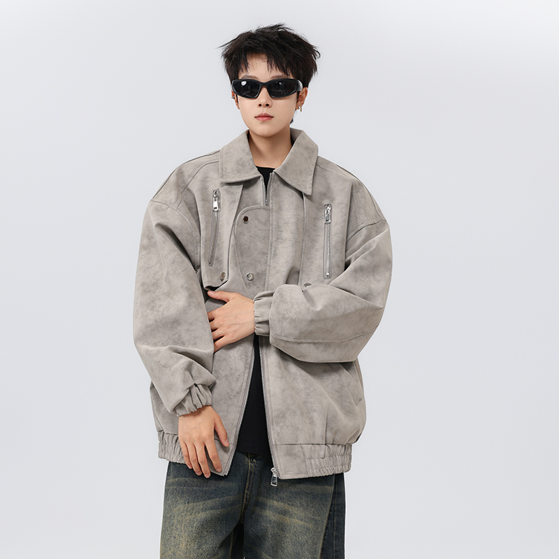 美式解构飞行员夹克男款痞帅春秋季不规则工装机车棒球服皮衣外套