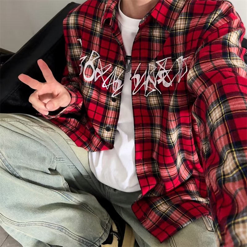 复古红色格子刺绣衬衫男女潮牌长袖hiphop高街春秋情侣款衬衣外套