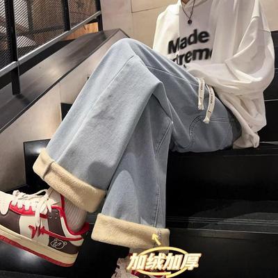 松紧腰抽绳加绒加厚牛仔裤男款复古cleanfit直筒休闲保暖裤子阔腿