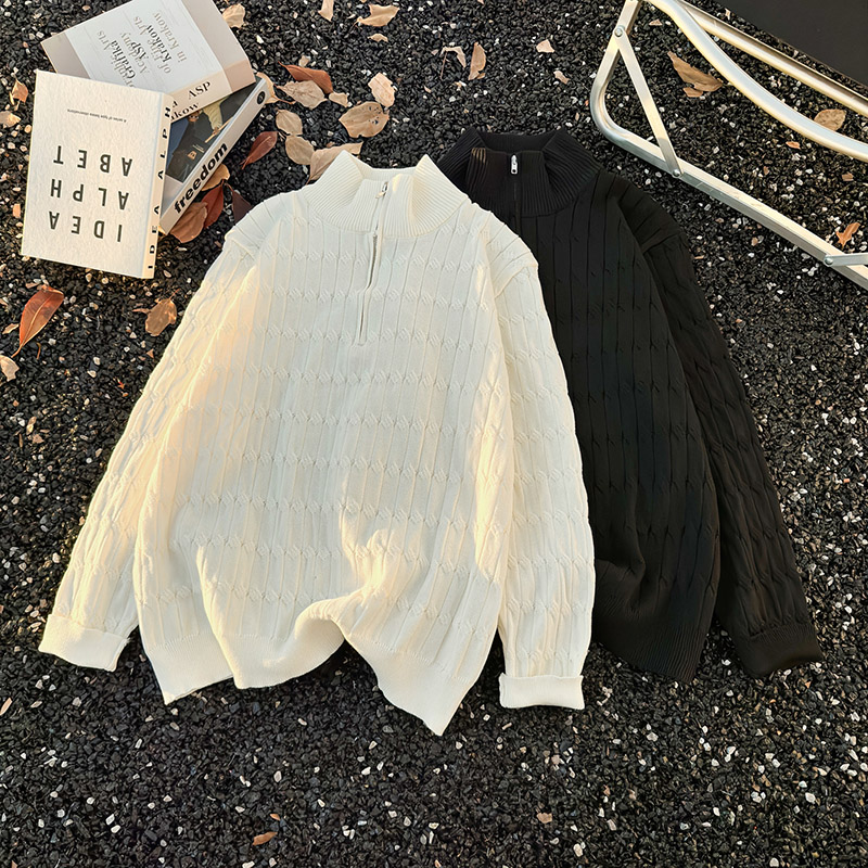 白色麻花编织半高领针织衫男女高级感cleanfit开衫半拉链毛衣长袖
