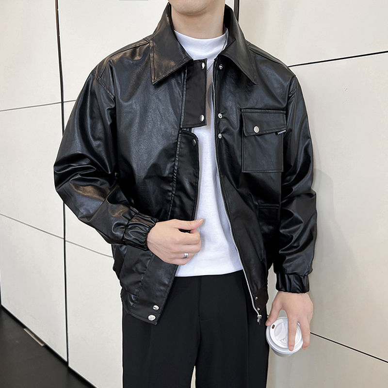 黑色工装PU皮衣男装小众设计感ins潮牌拉链垫肩皮夹克机车服外套