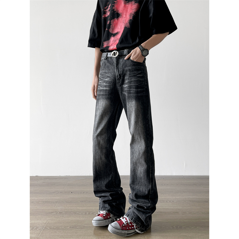高街水洗猫须做旧牛仔裤男士潮牌痞帅cleanfit修身显瘦微喇裤直筒