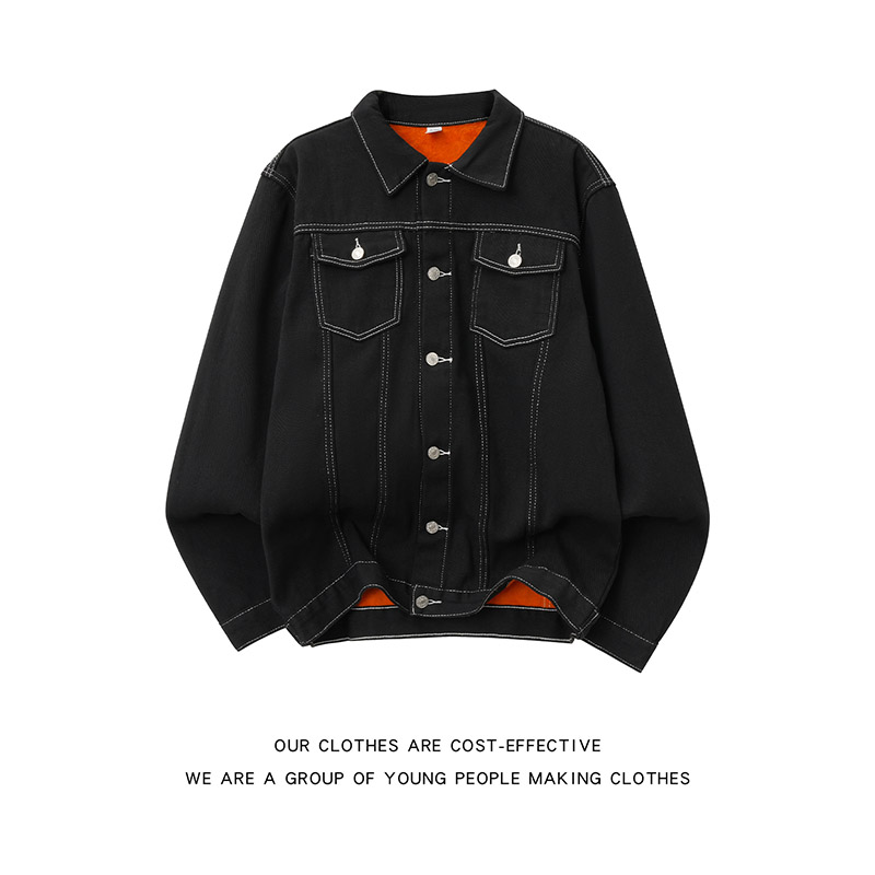 美式黑白线加绒牛仔外套男装冬季潮ins宽松休闲加厚保暖工装夹克