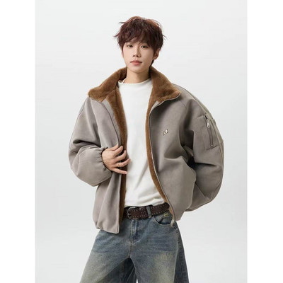 座山雕羊羔绒翻领棉衣外套男款冬季宽松扎染PU皮毛一体加厚棉袄子