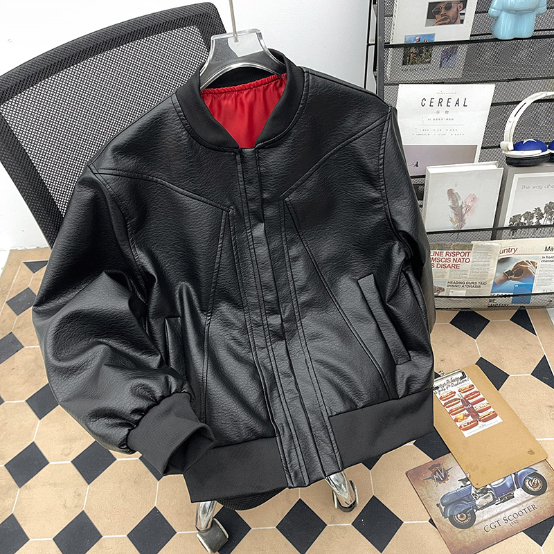 黑色解构pu皮衣外套男款秋季美式cleanfit棒球服短款廓形机车夹克