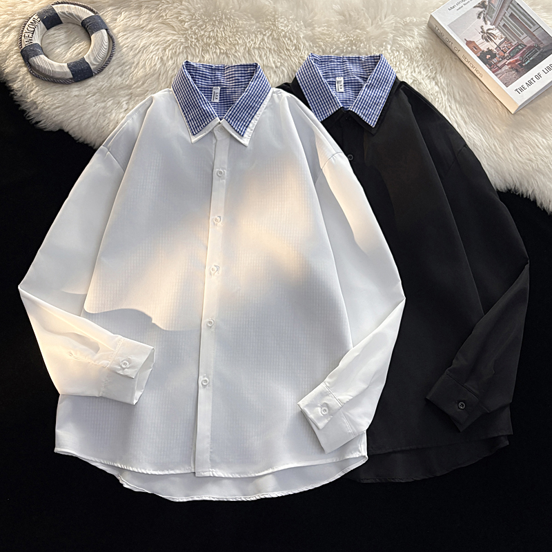 日系条纹拼接撞色衬衫男女春秋季假两件长袖衬衣cleanfit翻领外套