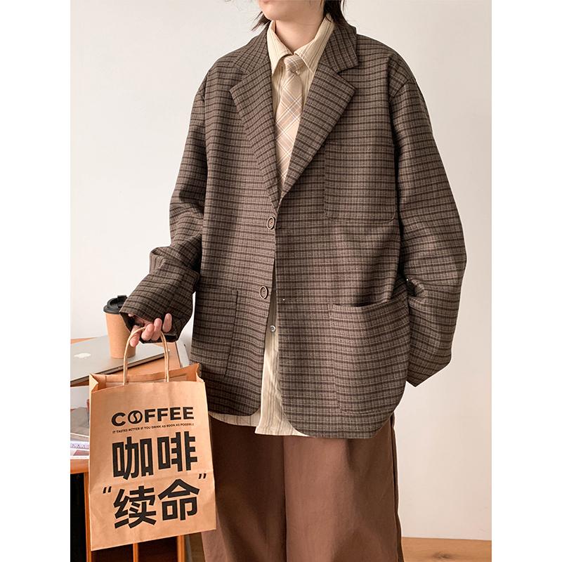 日系复古细格纹西服男装