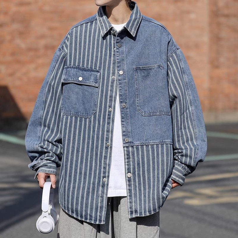 条纹拼接牛仔衬衫外套