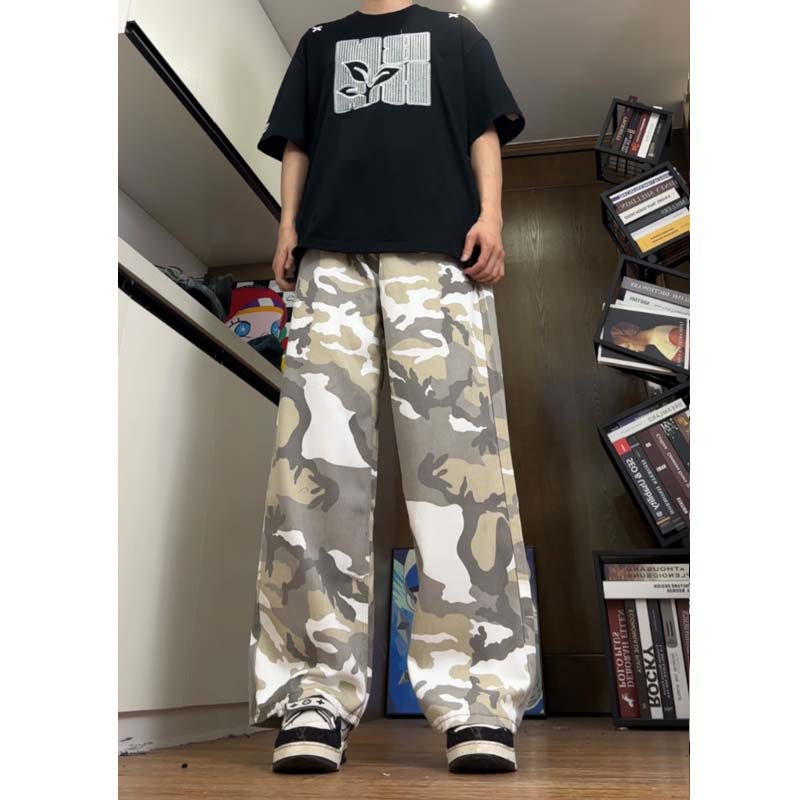 迷彩色工装伞兵牛仔裤男款痞帅复古伐木直筒阔腿休闲长裤子青少年