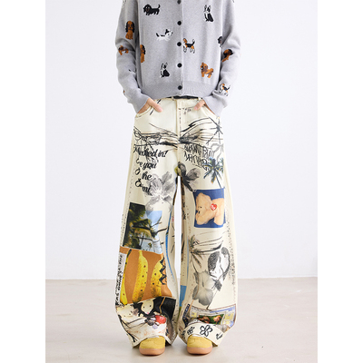 弯刀3D涂鸦卡通数码印花牛仔裤男女微喇宽松直筒阔腿拖地长裤高街