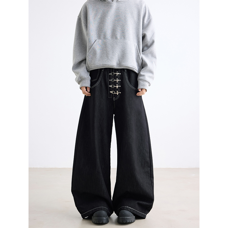 水洗黑色排扣弯刀牛仔裤男款痞帅直筒宽松阔腿高级感拖地裤子美式