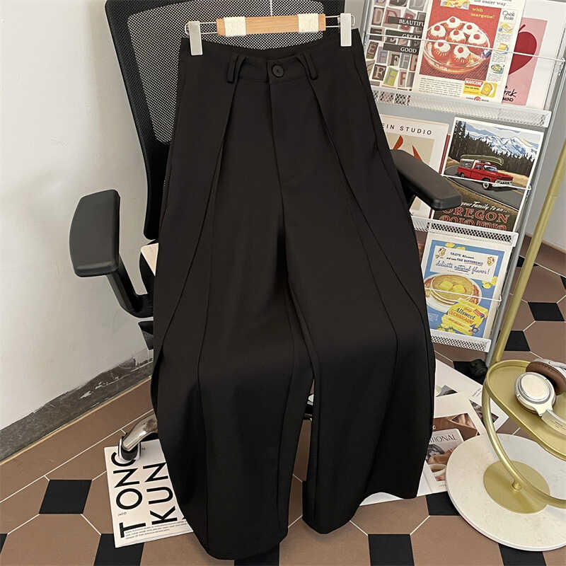 时尚直筒褶皱小西裤男装商务轻熟宽松显瘦阔腿拖地微喇免烫西装裤