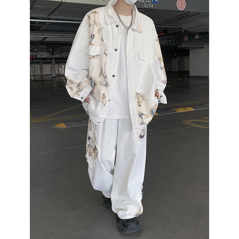 复古火焰拼接白色短款牛仔外套男女潮牌设计感直筒阔腿裤两件套装