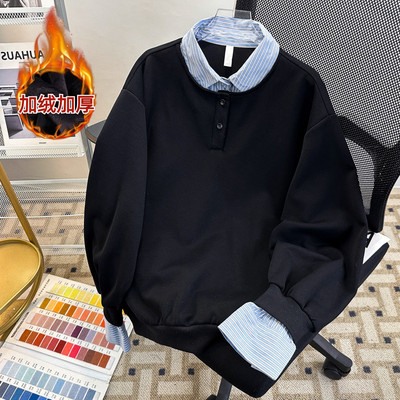 灰色假两件POLO衫加绒卫衣男款小众拼接条纹内搭长袖加厚美式上衣