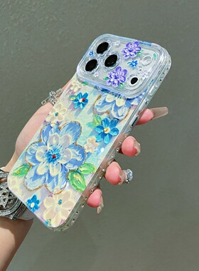 金边蓝色花卉手机壳适用iPhone 17-14 Pro Max 高级感 精美 软壳 防摔 保护