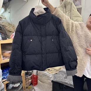 韩系袖子拼接格子羽绒服女2025冬装上新立领宽松白鸭绒短外套上衣