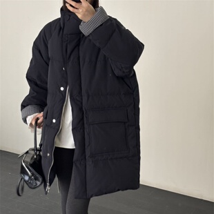 韩版翻袖格子90白鸭绒中长款羽绒服女冬季外套2025新款加厚面包服