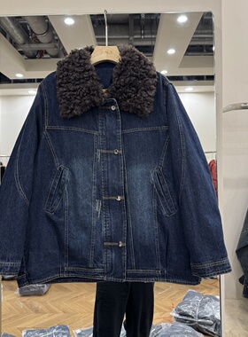 深蓝牛仔羽绒服外套女中长款2025冬季大毛领翻领款加厚保暖258G28