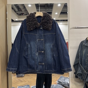 深蓝牛仔羽绒服外套女中长款2025冬季大毛领翻领款加厚保暖258G28