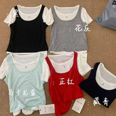 欧货假两件设计感外穿韩系背心女双层叠穿宽松短袖上衣2025夏6065