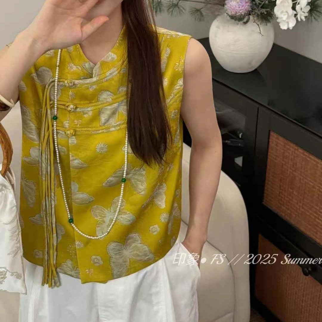 新中式国风盘扣立领斜襟马甲女装无袖缎面衬衫2025夏新款上衣8993