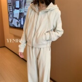 YMER加绒上衣阔腿裤 两件套女2025冬加厚连帽拉链休闲运动套装 0868