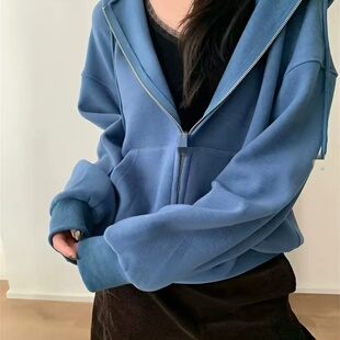 ELEVEN奶茶系绒感卫衣女慵懒风连帽拉链女宽松口袋外套2026秋5517