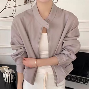 2026春设计感立领短款皮衣女宽松拉链机车风高级感夹克外套26128