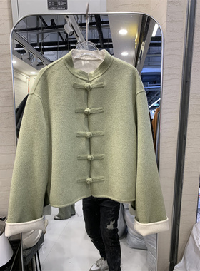 HANDMADE新中式双面呢外套女2023时尚短款绵羊毛撞色羊绒大衣立领