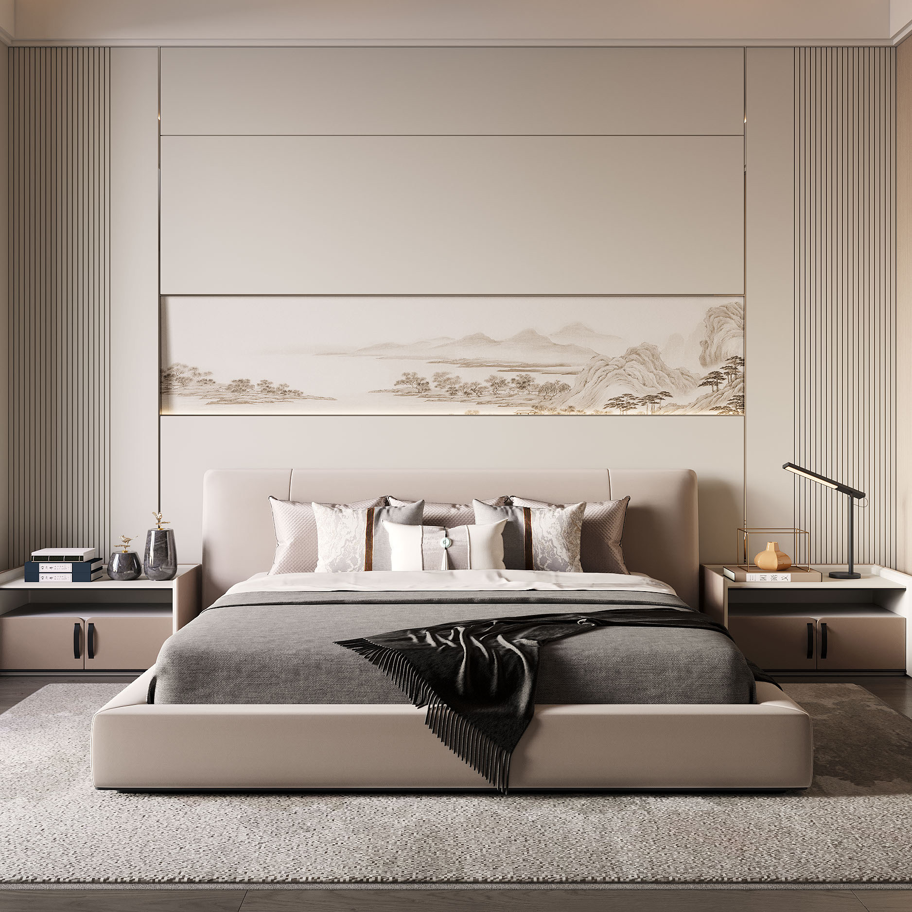 新中式山水画中国风卧室硬包背景墙床头简约灯带定制护墙板包安装