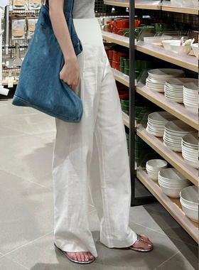 棉麻孕妇裤夏季薄款白色棉麻宽松托腹阔腿裤垂感显瘦拖地休闲长裤