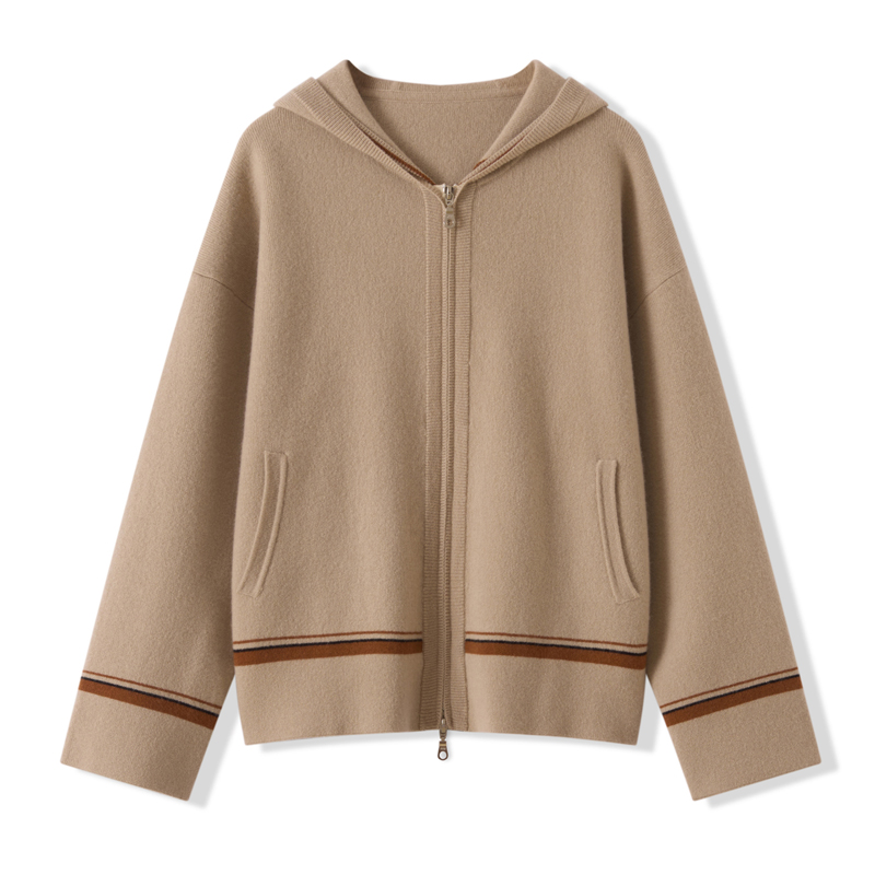 秋季新款纯色针织拉链连帽开衫时尚百搭