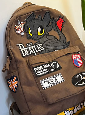 辣味少女自制美式复古风哥斯拉小怪兽双肩包垂感潮流嘻哈书包休闲