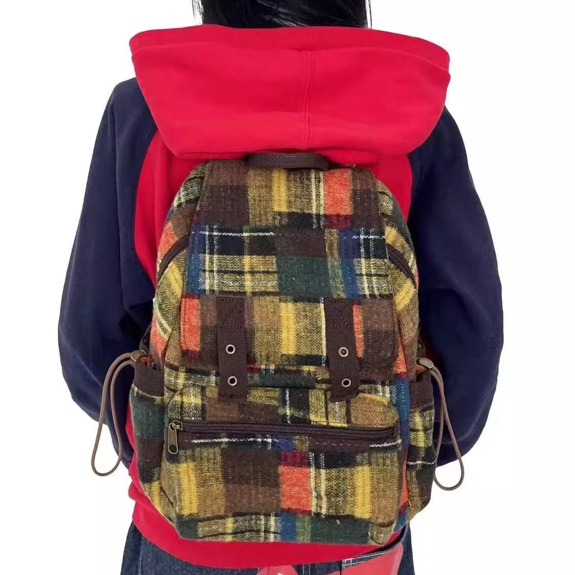 Mirenbu迷人布 格纹翻盖双肩包 拼布感复古百搭情侣 小号格子休闲