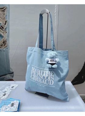 [REコンテナ] 车静媛同款MARITHE限定牛仔色字母大容量帆布单肩包