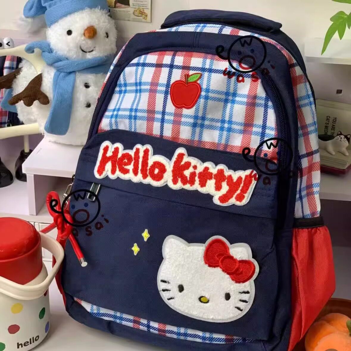 美式复古红格子猫猫骨头星星帆布千禧y2k大容量双肩包学生书包