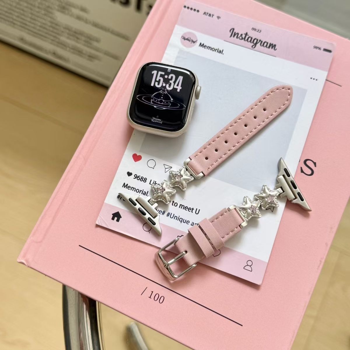 适用苹果手表S10表带彩钻气球星星金属拼皮iwatch小蛮腰链条S9女8