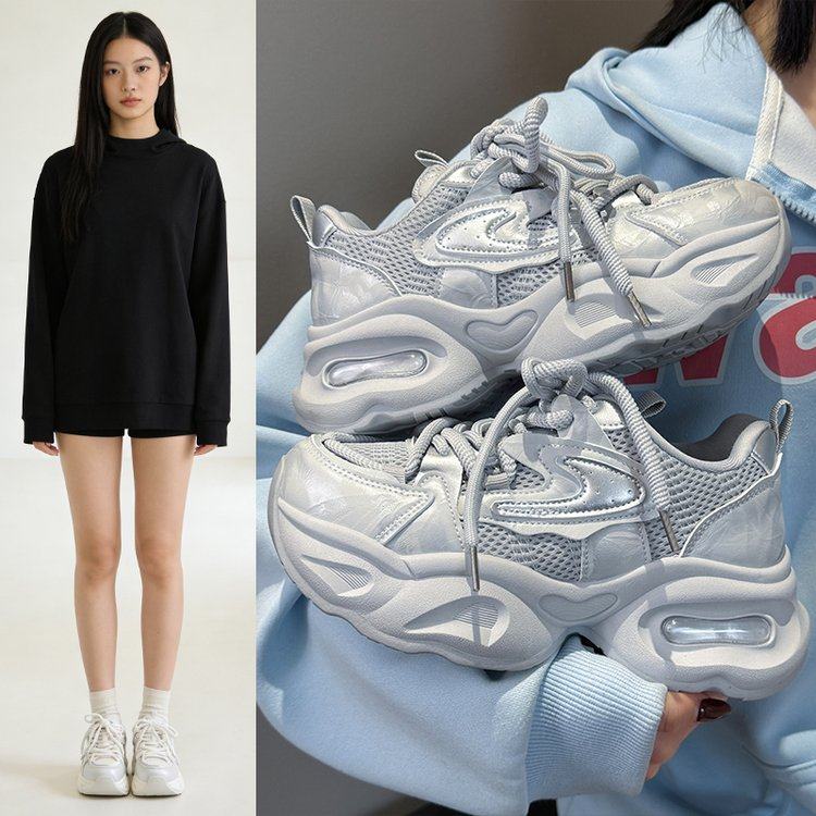 2026春季新款银色老爹鞋女款复古炸街厚底增高轻便休闲网面运动鞋,女鞋,老爹鞋,淘宝优惠券,粉丝福利购,淘宝优惠卷