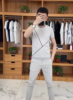 X8-1936两件套春秋新款潮时尚修身百搭舒适灰色水洗棉麻男士短袖