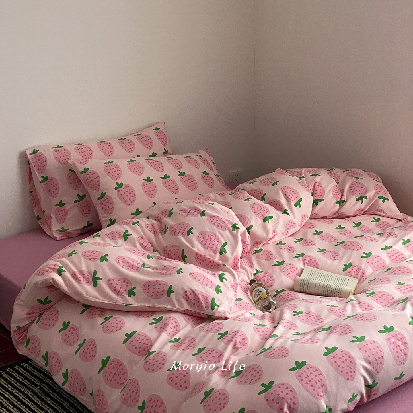 木悠少女心草莓A类亲肤全棉针织棉四件套天竺棉裸睡纯棉被套床单