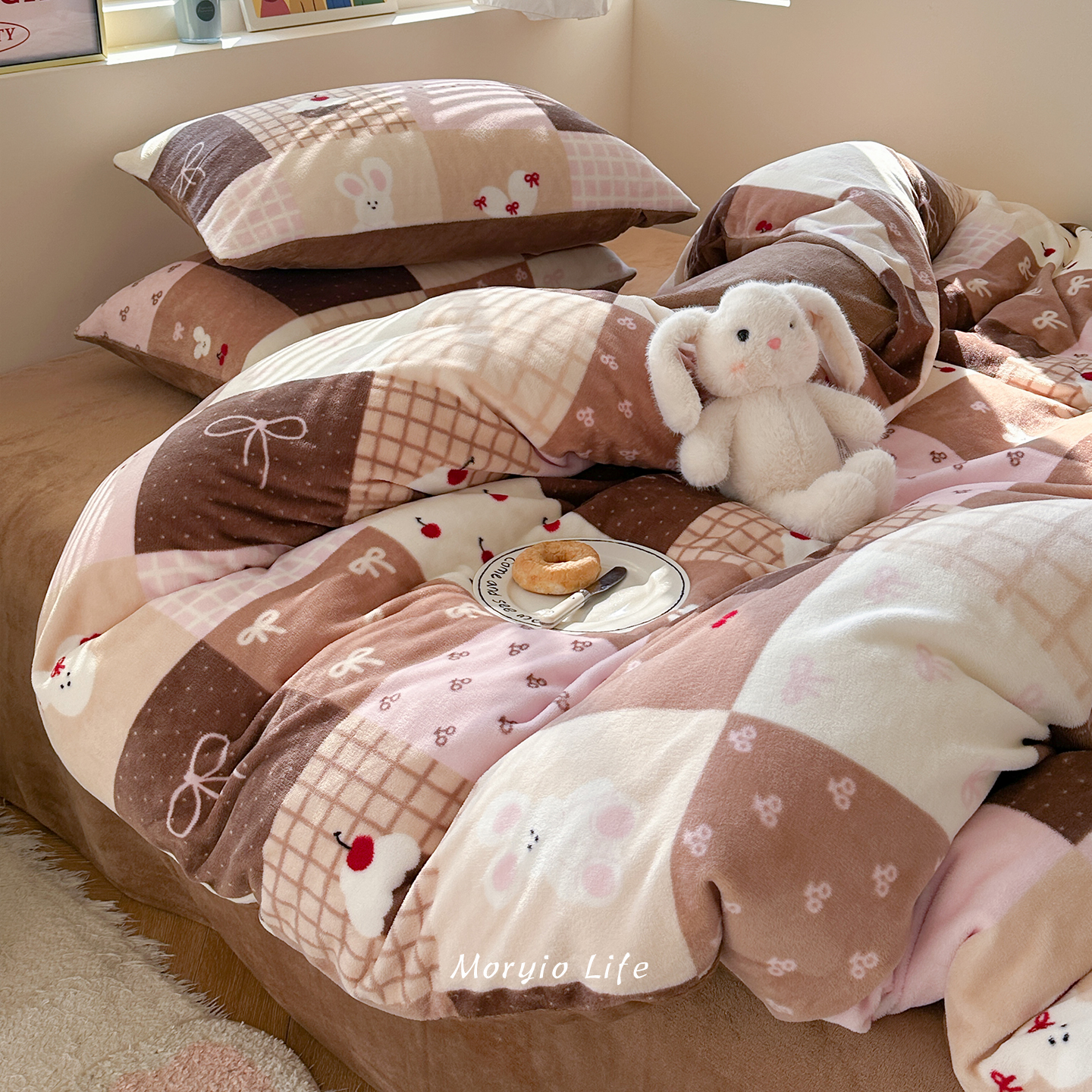 木悠秋冬ins卡通加厚牛奶绒四件套珊瑚绒被套床单可爱床上用品