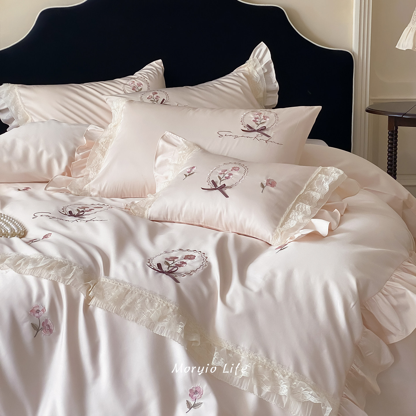 木悠法式浪漫公主风蕾丝花边刺绣全棉长绒棉四件套纯棉被套床单,床上用品,床品套件/四件套/多件套,淘宝优惠券,粉丝福利购,淘宝优惠卷