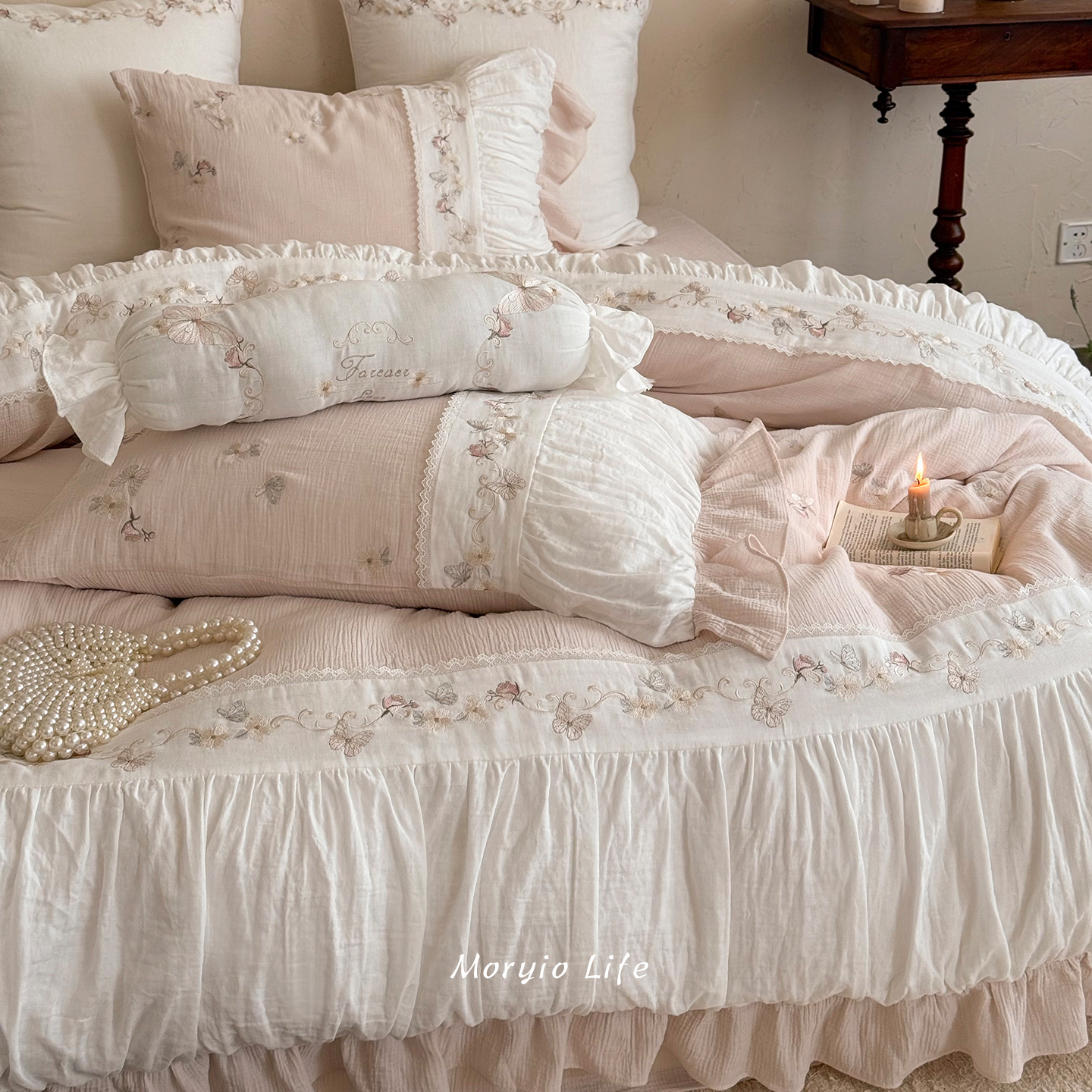 木悠法式少女心全棉皱皱双层纱四件套公主风超柔裸睡纯棉被套床单