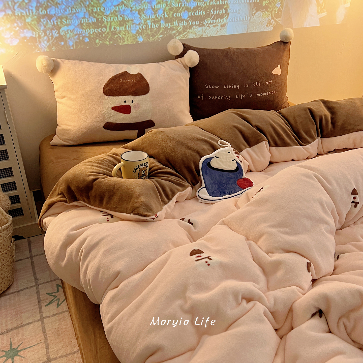 木悠秋冬保暖大毛球球加厚牛奶绒四件套珊瑚绒卡通被套床单三件套