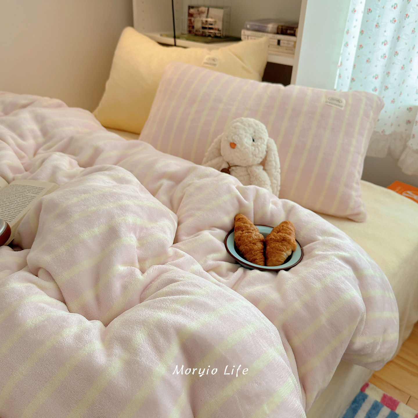 木悠简约条纹秋冬保暖牛奶绒四件套珊瑚绒被套床单学生宿舍三件套,床上用品,床品套件/四件套/多件套,淘宝优惠券,粉丝福利购,淘宝优惠卷